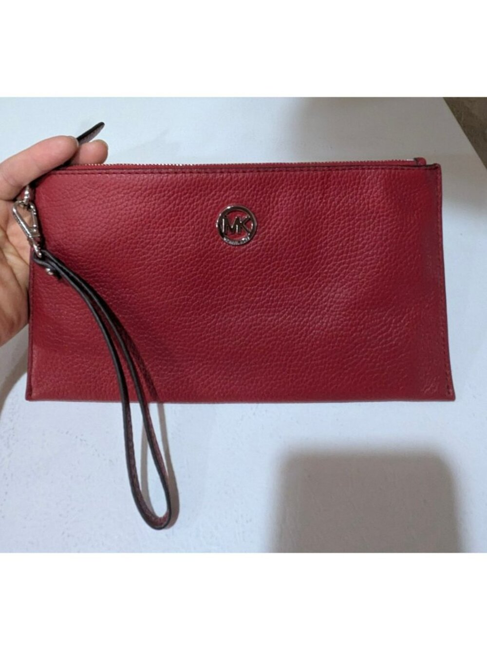 Michael Kors Pebbled Leather Wristlet Wallet Clutch Red Silver